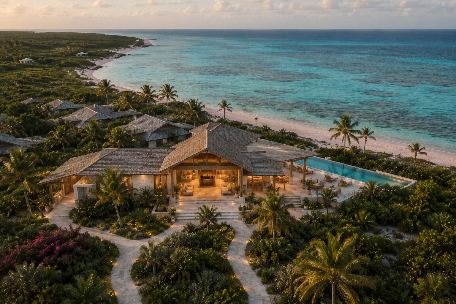 The clubhouse at dusk with its infinity pool above the beach