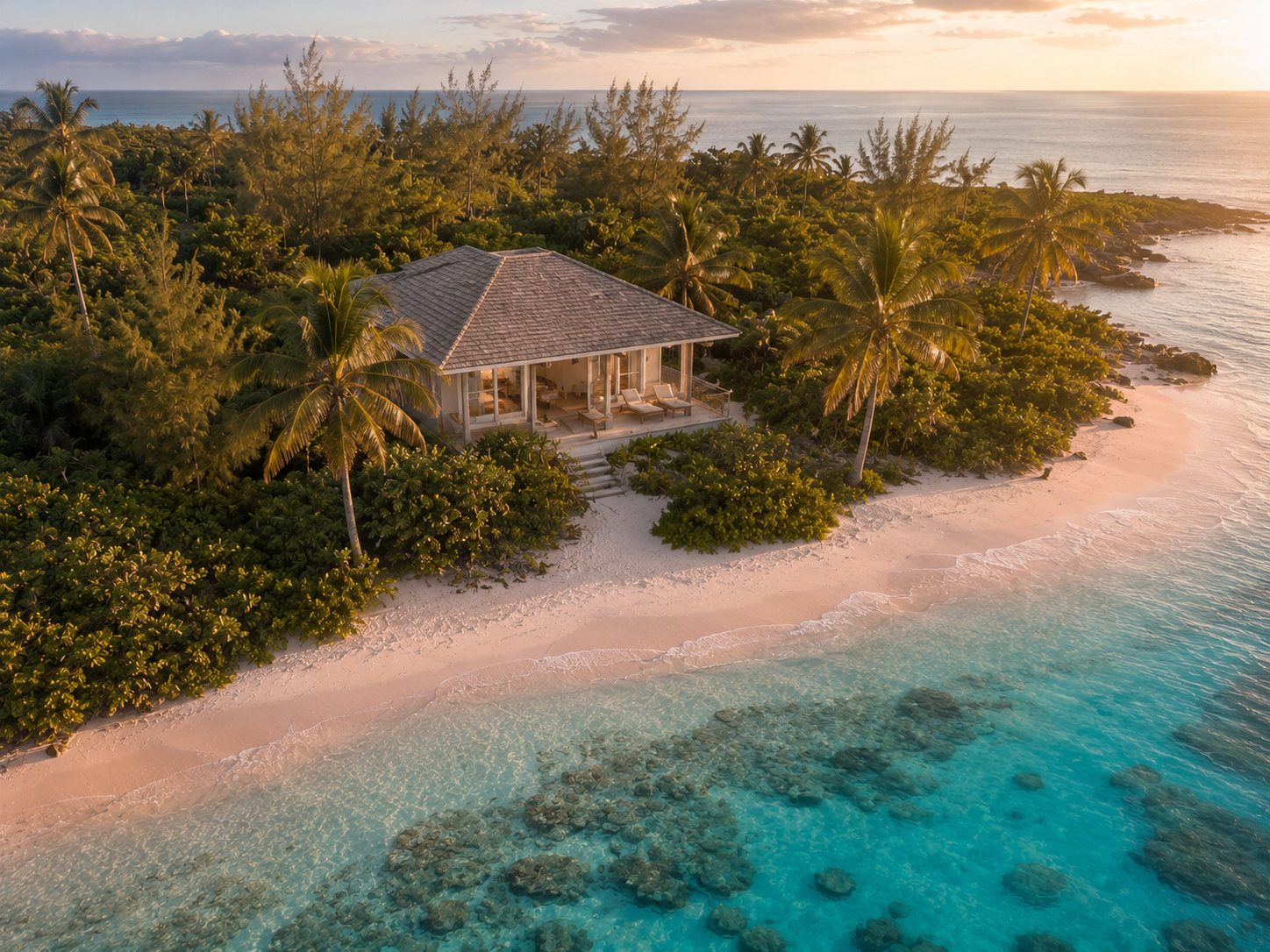 A one-bedroom cottage on the pink sand at golden hour