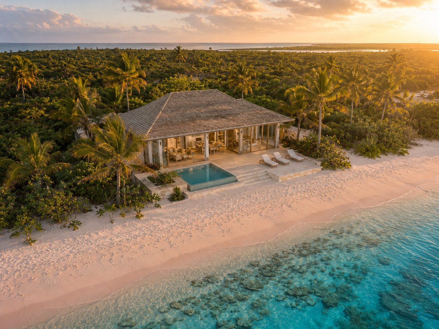 A three-bedroom beachfront villa with private plunge pool on the pink sand